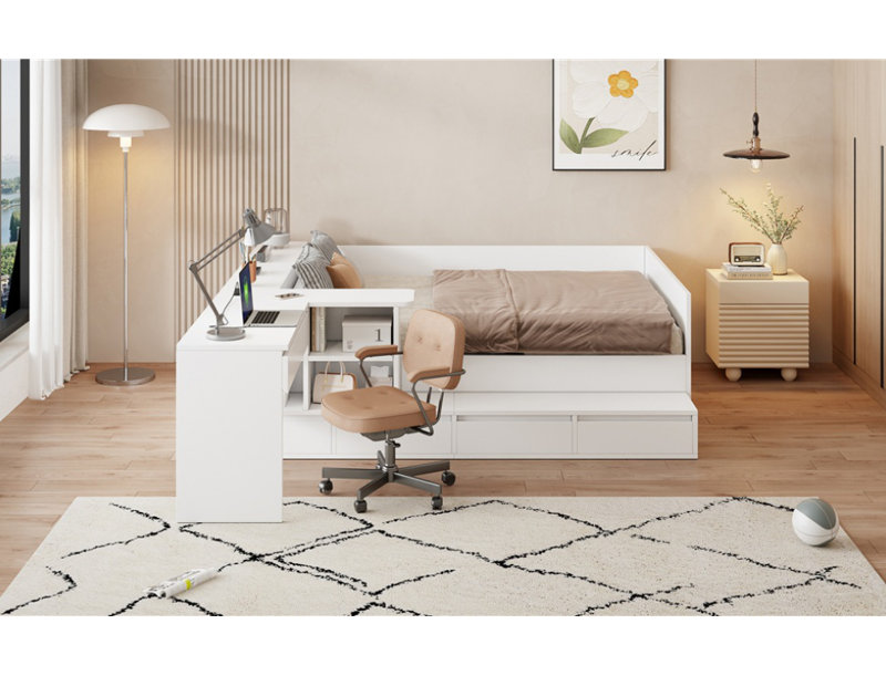Lit plateforme double en bois avec 6 tiroirs, tablettes et coiffeuse, Blanc