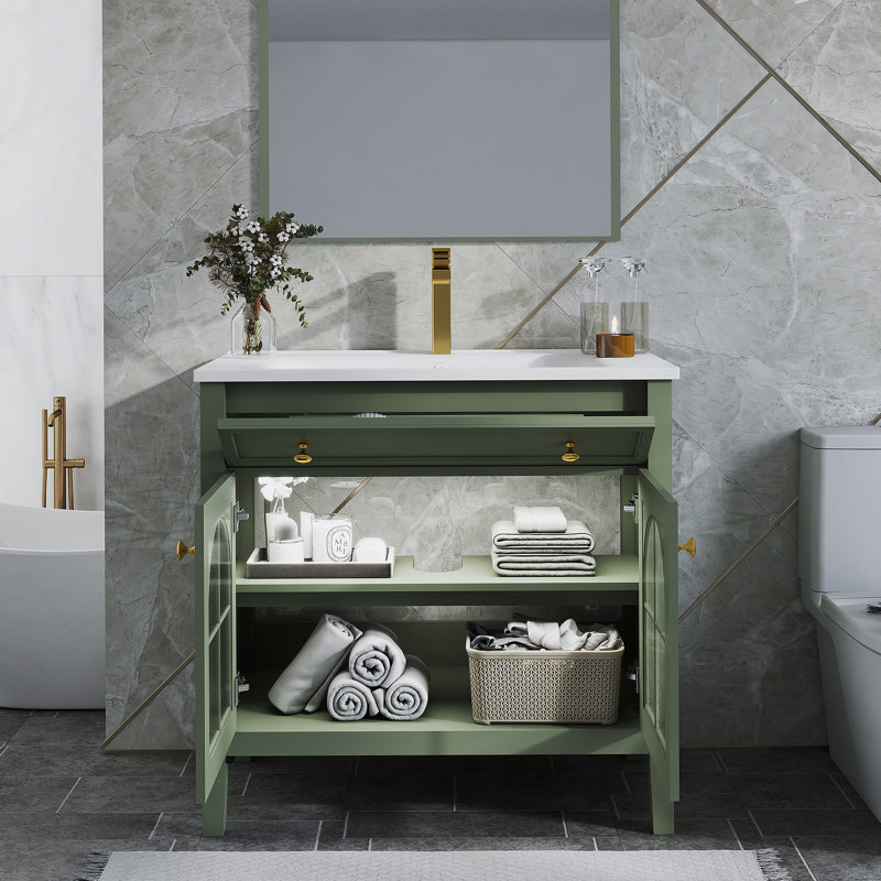 Meuble-lavabo autoportant avec tablette de rangement, Vert