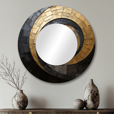 Gold Black Minimalism Spiral Poteries - Abstract Spirals Wall Mirror, Gold Round Decorative Mirror, Printed Metal Art