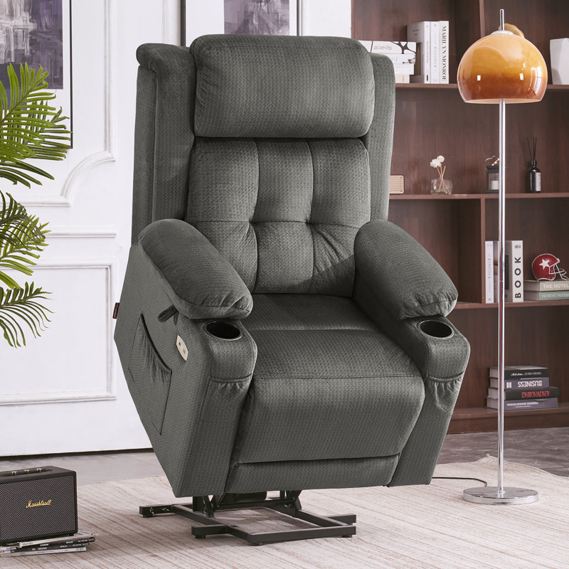 Power - Remote Lift Assist Recliner with Massage, Grey Fabric