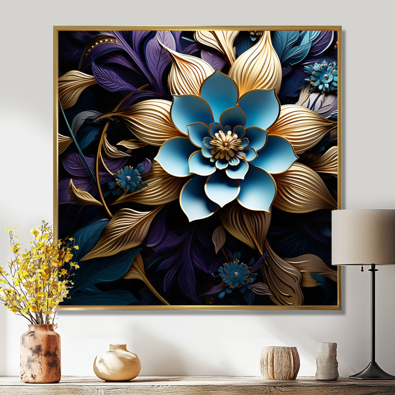 Fleur de lotus bleu feuilles dorées - art mural floral moderne salon, Toile avec cadre flottant or