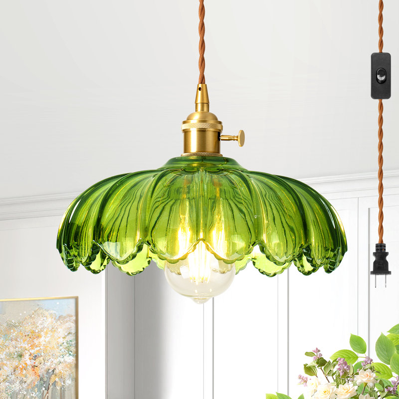 Luminaire suspendu à brancher avec abat-jour en verre pétale, luminaire suspendu rétro avec cordon, Vert