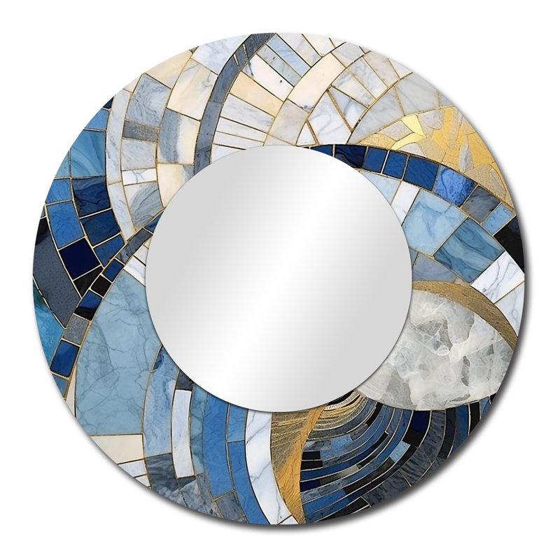 Gold Constructing Blue Realms I - grand miroir de formes abstraites, miroir mural décoratif rond moderne, impression d'art en métal