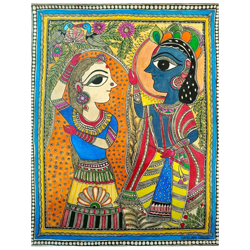 Krishna & Radha - Peinture Madhubani | Acrylique sur feuille faite à la main | Par Neelam Singh
