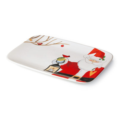 Plateau rectangulaire Santa Delight 14 x 10 - Un plateau en céramique polyvalent de 14 x 10 pouces dans la vignette du père Noël illustrée chaleureusement, apportant un style joyeux des Fêtes à chaque pièce.