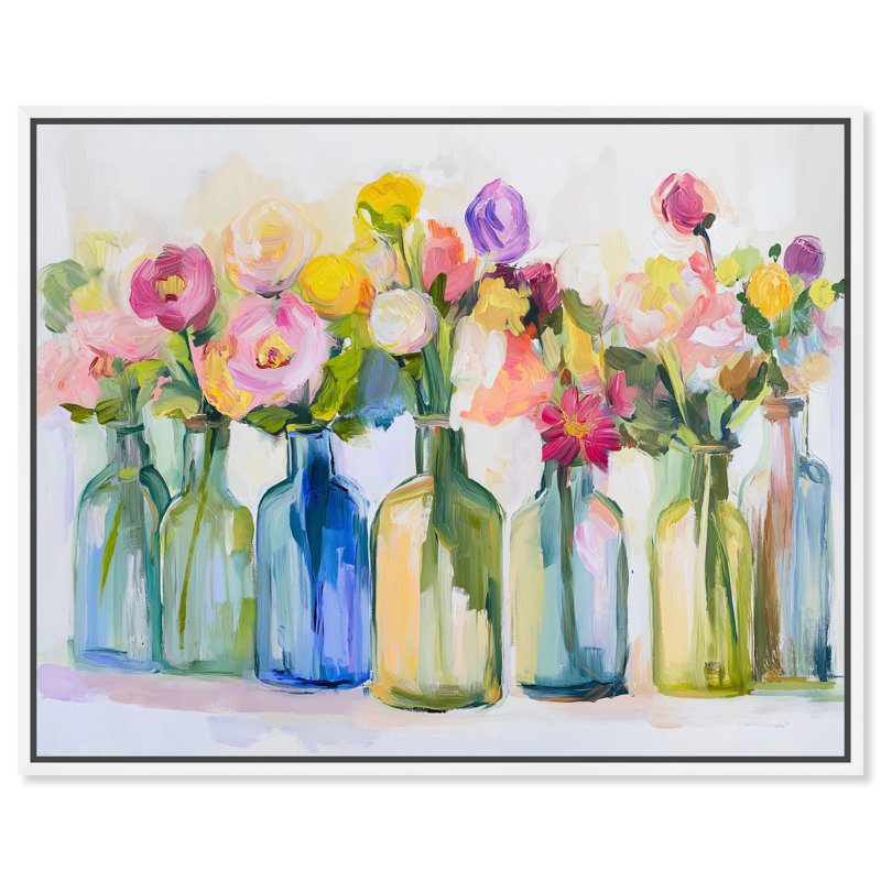 «Bottles and Blooms Canvas Farmhouse Floral Art» par , H 31 po x l 37 po, Cadre flottant blanc