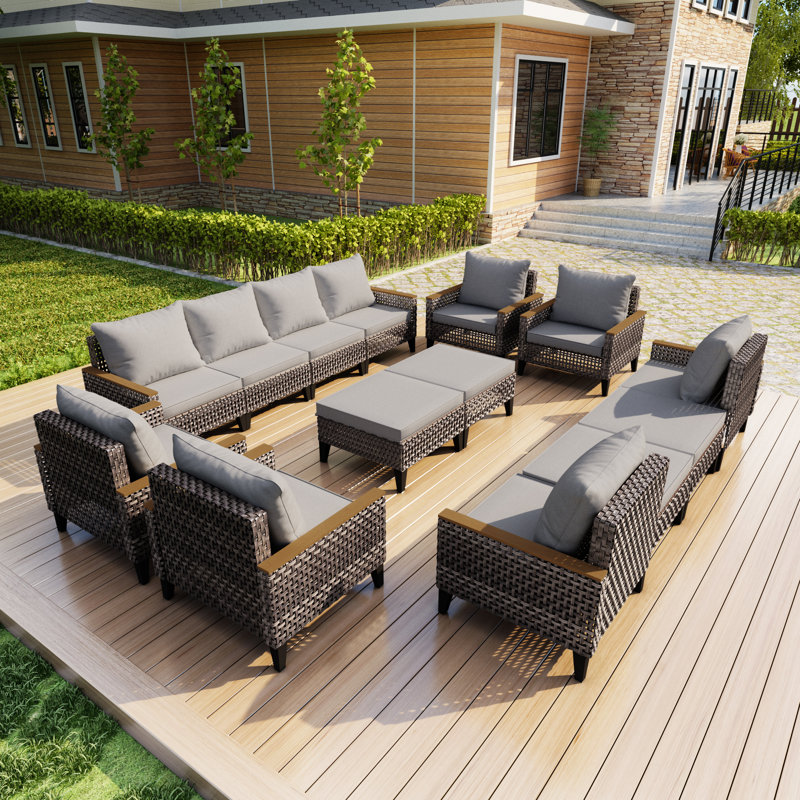 14 Pieces Patio Furniture Set, Wicker Rattan Outdoor Conversation Sets With 4 Ottomans (Gray Cushions), Gray