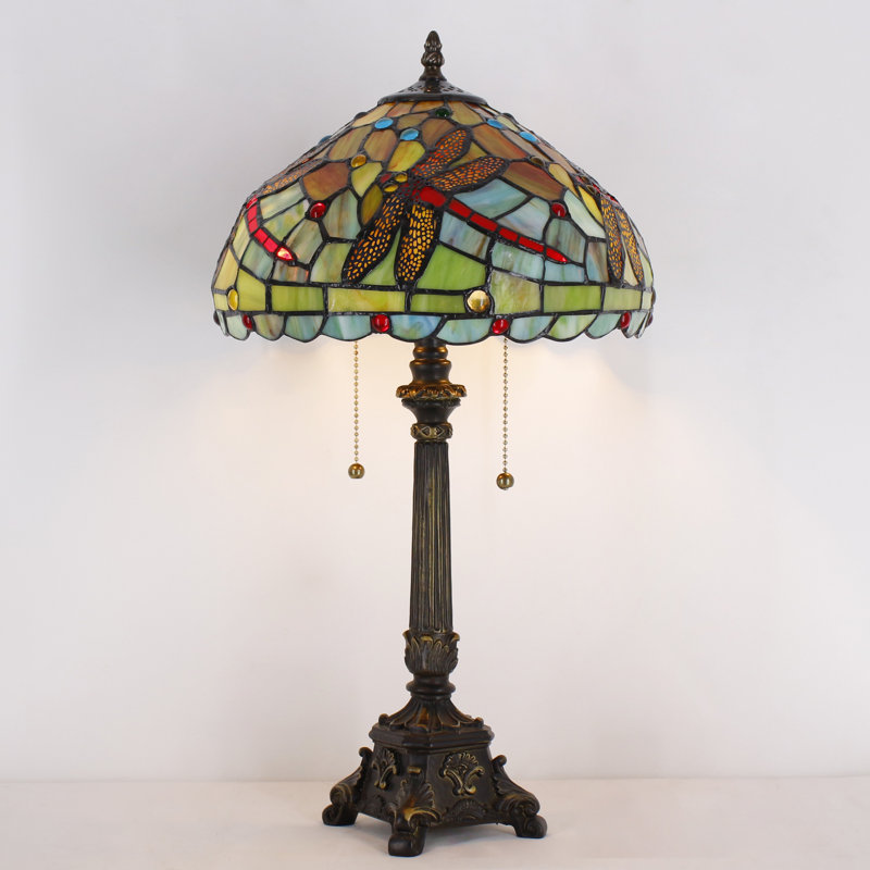 Tiffany Table Lamp Green Red Stained Glass Desk Lamp 12X12X21 Inches Dragonfly Style Reading Light