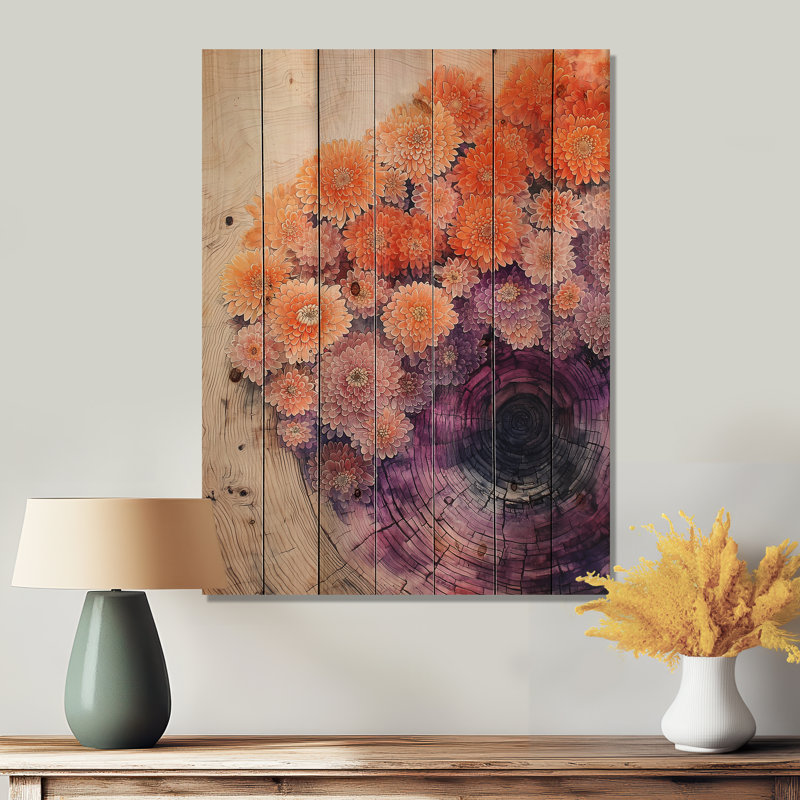 Chrysanthèmes fleurs sur un plateau en bois II, H 20 po x l 10 po x P 0,78 po