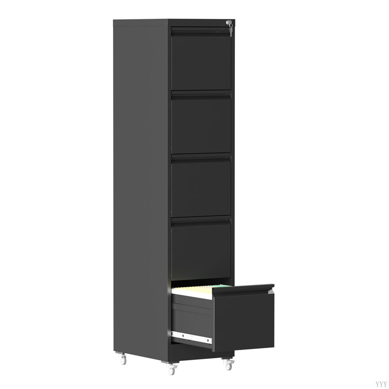 5 Drawer Metal Vertical File Cabinet With Lock On Wheels For Home Office,Heavy Duty Metal Storage Cabinet For A4/Letter/Legal Size Files, 17.71"D*15.16"W*64.17"H