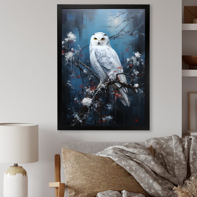 «Snowy Owl Winter Watch II», art mural hibou, Cadre simple noir, H 20 po x l 12 po x P 1 po
