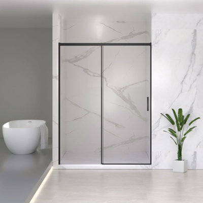 Porte de douche coulissante semi-sans cadre l 56 à 60 po x H 74 po, verre trempé clair Sgcc de 1/4 po (6 mm), fini noir mat, largeur réglable - aucune découpe requise
