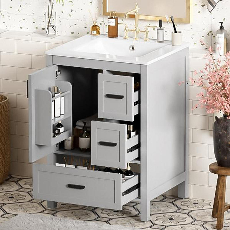 Meuble-lavabo moderne de 24 pouces avec lavabo en céramique, porte à fermeture douce, tablette de porte à double couche et 3 tiroirs