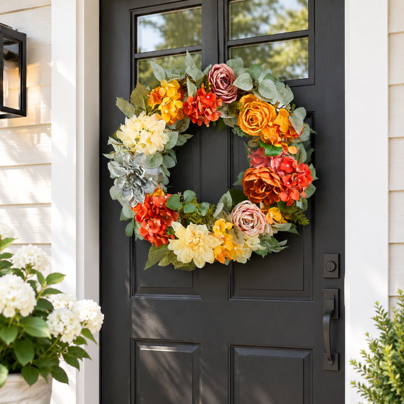 Couronne de 61 cm (24 pouces) d'hortensias et de roses rouges, oranges et jaunes, fausse couronne décorative toutes saisons