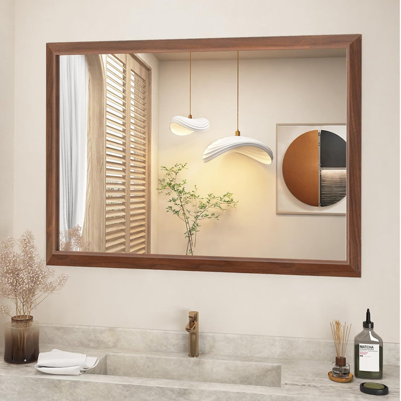 Miroir de salle de bain en verre trempé épais de haute qualité, 40 po x 30 po, Bois brun foncé