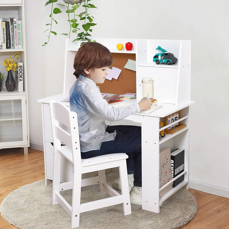 Kids Desk and Chair Set with Storage and Bulletin Board â€“ Wooden Study Table