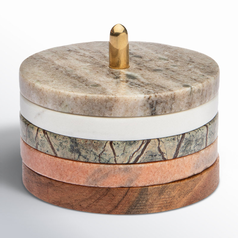 Assorted Marble and Acacia Wood Coaster Set with Brass Holder