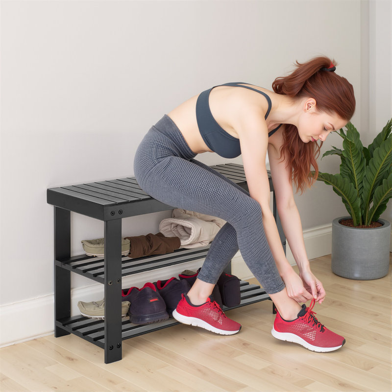 Shoe Rack Bench, 3-Tier Bamboo Entryway Storage Organizer, Frontdoor, Bedroom, Bathroom, Balcony, Black