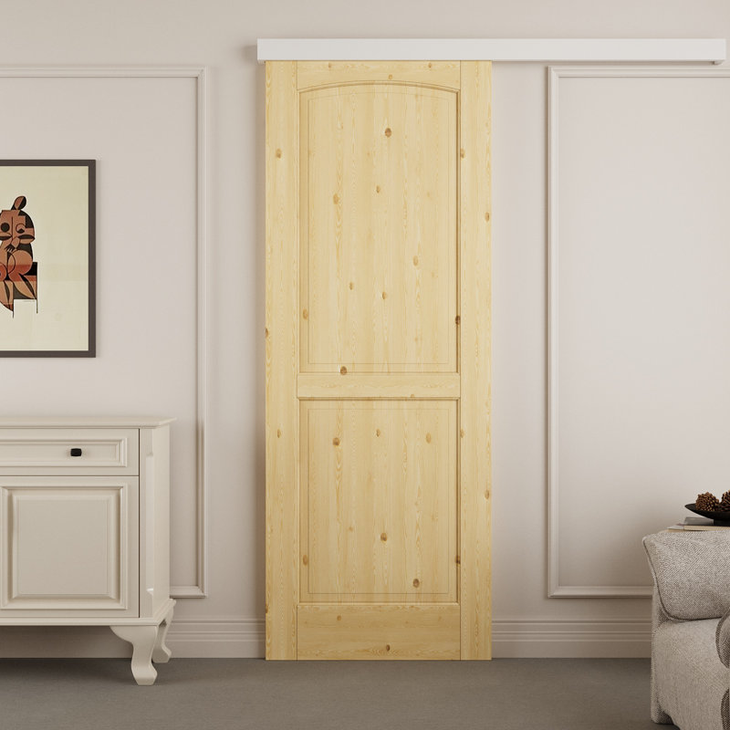 Ensemble de porte de grange arquée à deux panneaux en pin massif avec tringle dissimulée et quincaillerie d'installation / aucun assemblage requis