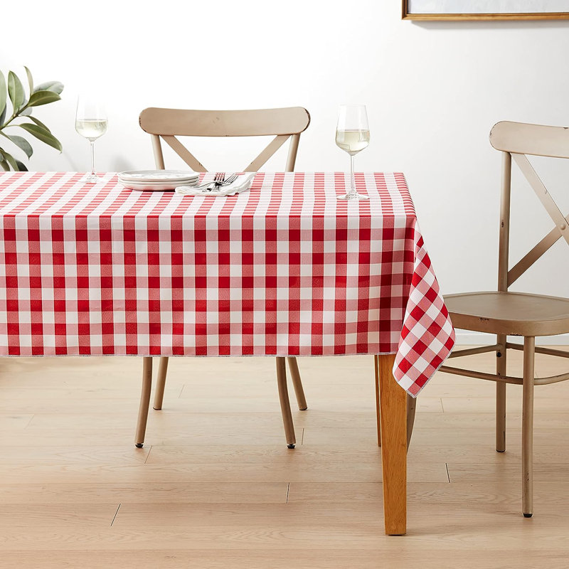 Red and White Polyester Gingham Checkered Rectangular Tablecloth