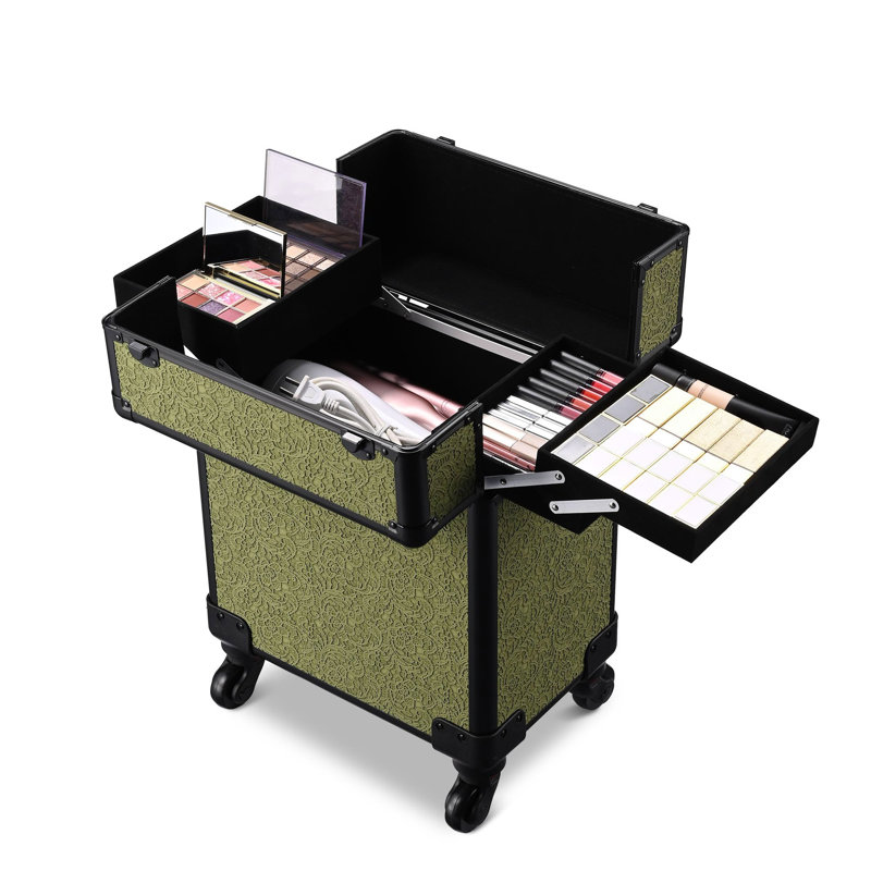 Corrigan Studio® Rolling Makeup Train Case Cosmetic Trolley Organizer Charm ForgetMeNot, Green