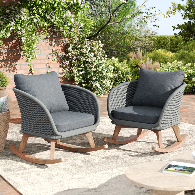 Chaise berçante d'extérieur en osier et rotin, Coussin gris / cadre gris