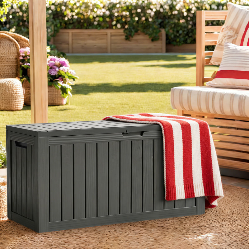 Boîte de rangement pour terrasse 80 gallons, boîte de rangement en résine résistante aux intempéries pour coussins de patio, outils de jardin et accessoires de piscine