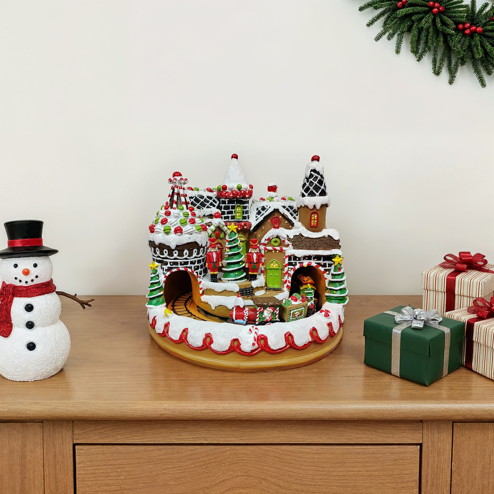 10.63"H Animated Gingerbread Train Station (Train) - LED, 8 Music, Adapter - Hand-Painted Resin