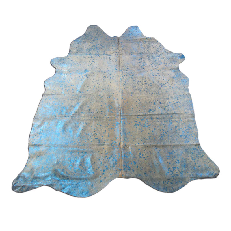 Handmade Blue Metallic Acid Washed Cowhide Rug