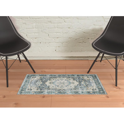 Housel Oriental Machine Washable Non-Skid Blue/Ivory Area Rug Mat