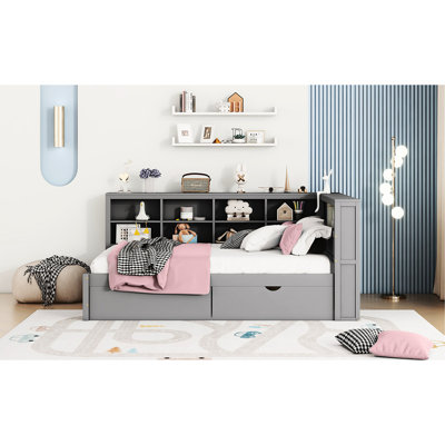 Grey Daybed With 2 Drawer Shelf, Charging And Full Size Bed Option Drawers, Container