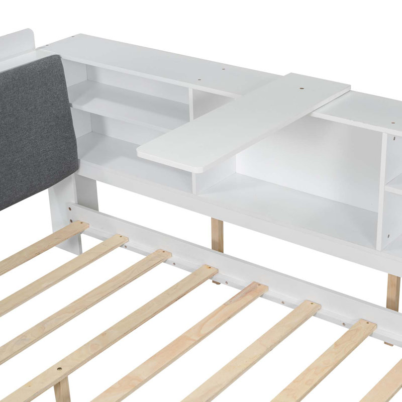 Lit plateforme en bois avec tête de lit, tablettes et 2 tiroirs, Blanc