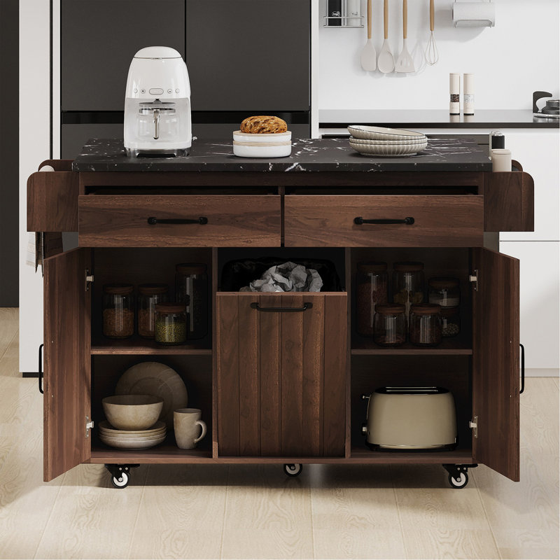 Kitchen Island With Trash Can Storage Cabinet, Kitchen Cart With Drop Leaf, Spice Rack, Towel Rack And Drawer, Rolling Kitchen Island On Wheels With Adjustable Shelf, Walnut Brown
