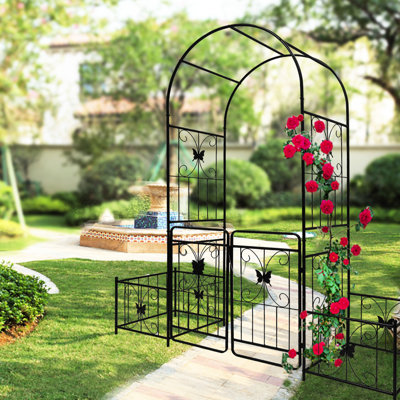 Arche de jardin en métal avec barrière, 79,5 po x 86,6 po, noir - plantes grimpantes: lierre, rose, gloire du matin, jasmin 79,5 po x 86,6 po singulier