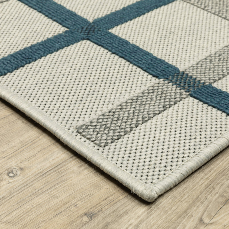 Hirsh Geometric Plaid Beige/Blue Indoor/Outdoor Area Rug, Rectangle 6'7" x 9'2"