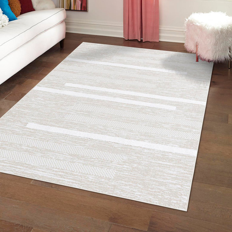 Tapis rayé ivoire en coton tissé à la machine Jesika, Tapis de couloir 2 pi 3 po x 6 pi 1 po