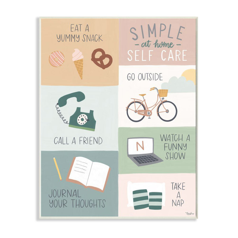 «Simple Home Self Care Care Stay» par Gigi Louise - impression d'art graphique, H 15 po x l 10 po x P 0,5 po, Bois
