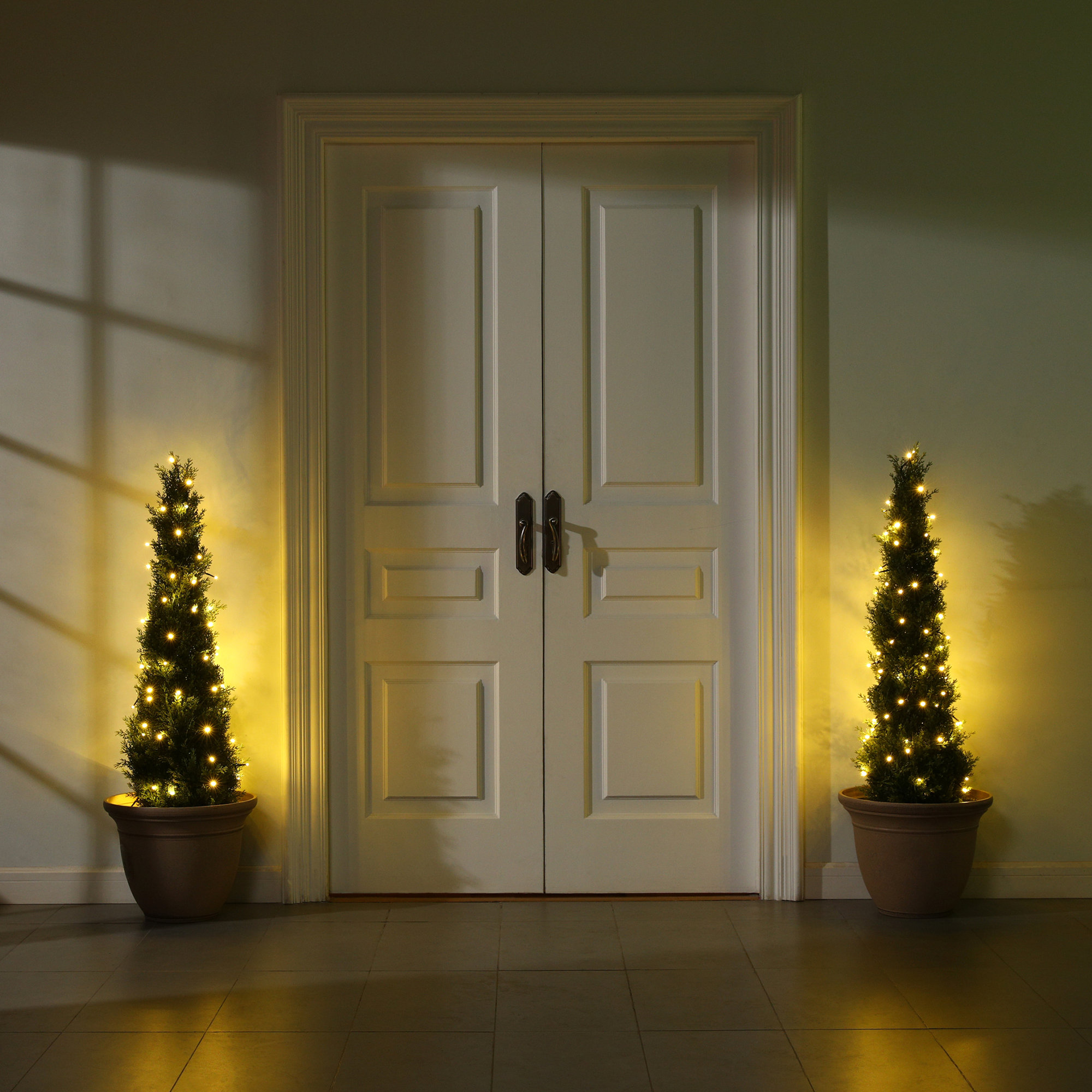 Adcock Artificial UV Resistant Cedar Topiary Trees, Faux Cypress Plants with Solar Light String, 48" H x 46" W x 46" D, 1