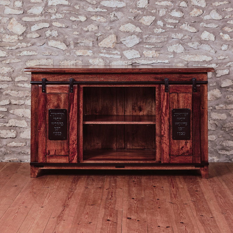 Solid Mango Wood Industrial Sideboard Cabinet – Fully Assembled Rustic Storage Unit With Sliding Barn Doors & Drawers – Large Wooden Buffet Console For Dining Room, Living Room & Hallway – No Veneer