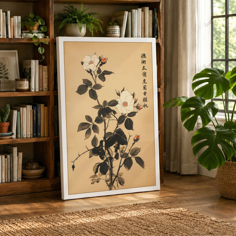 Botanical Ink Study Japandi - Wrapped Canvas, 30x20 - 76.2 x 50.8 cm, Teal Border