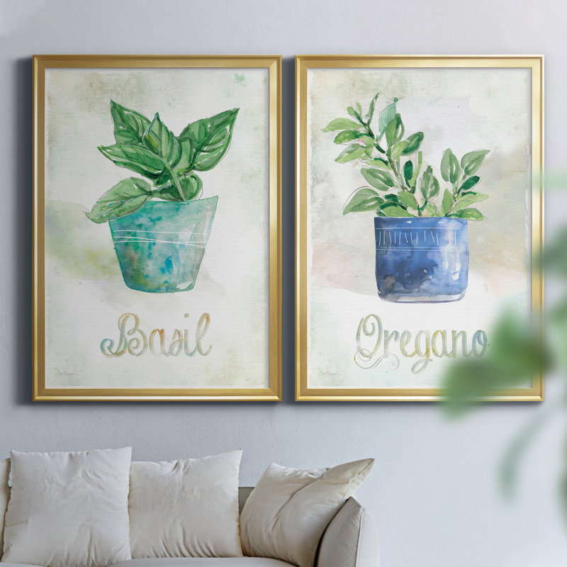 Basilic en pot - Ensemble de 2 peintures sur toiles, H 26,5 po x l 73 po x P 1,5 po, Toile avec cadre doré