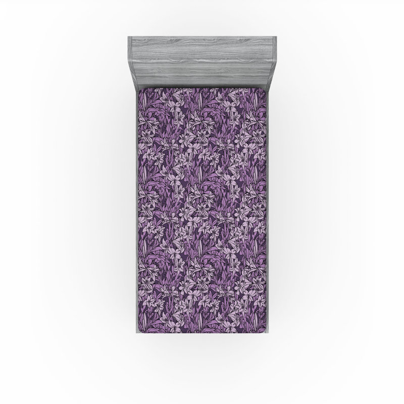Ensemble de 2 draps-housses Ambesonne, Drap-housse de taille simple, Lilas pâle, aubergine / floral