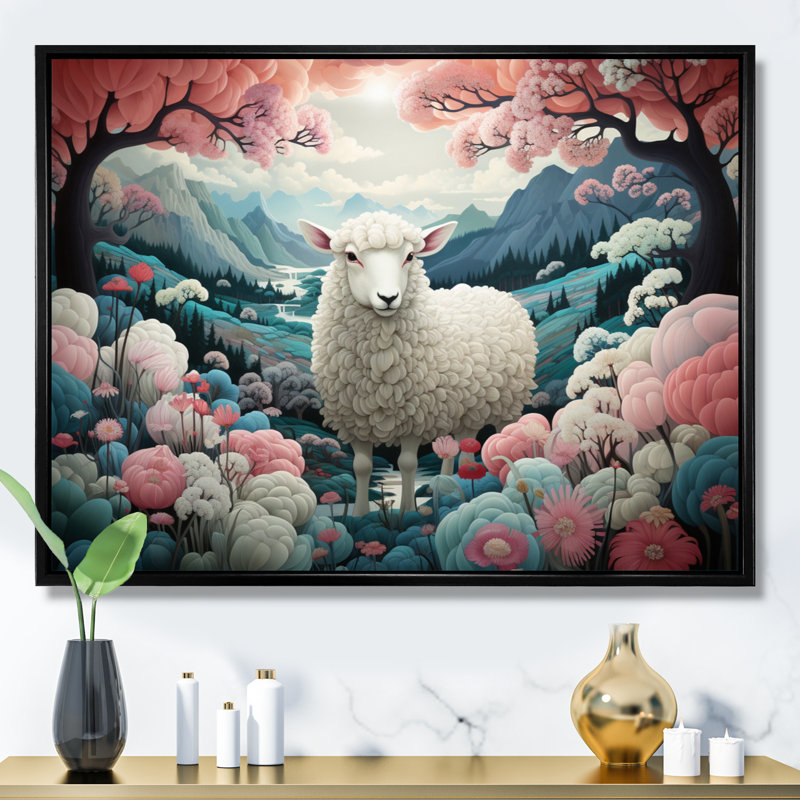 «Teal surréaliste Sheepland I», reproduction sur toile, Cadre flottant noir, H 12 po x l 20 po x P 1 po