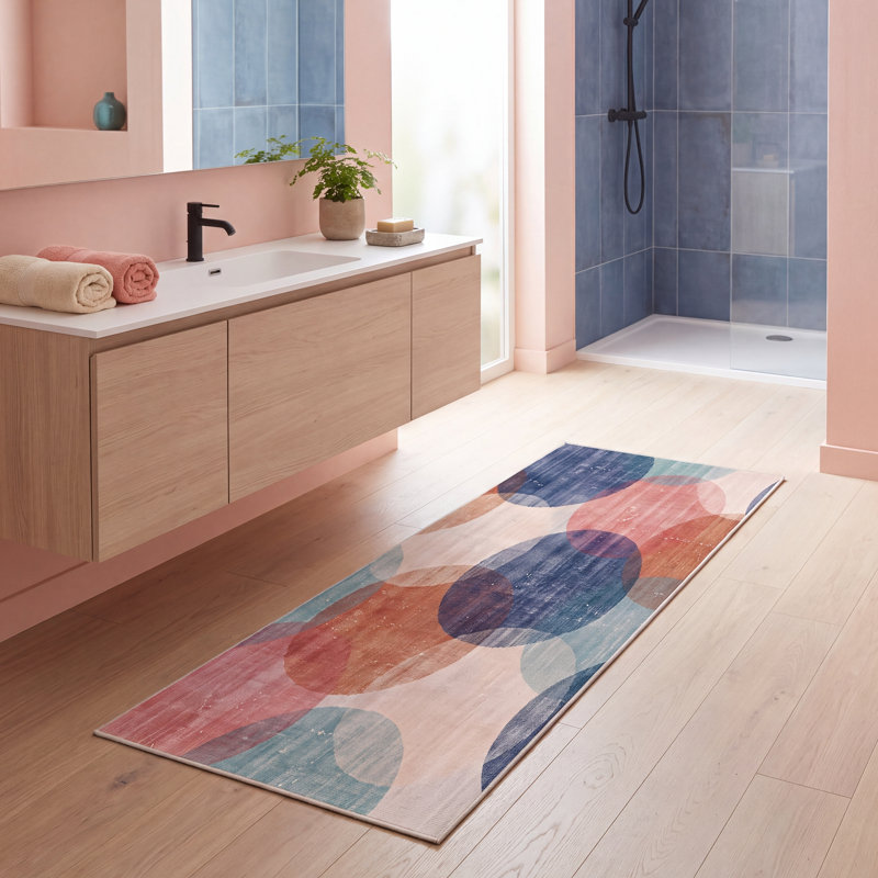 Tapis Estuary2 Modern Circles à motifs géométriques turquoise, rose et crème, lavable à la machine, antidérapant, à poils courts, pour l'intérieur et l'extérieur, adapté aux animaux domestiques, idéal pour le salon, la chambre, la salle à manger, l'entrée, le couloir ou le bureau.