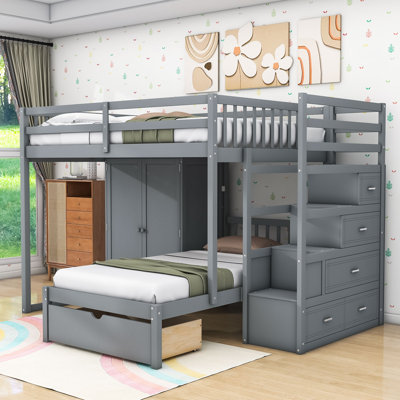 Lit superposé double au-dessus de 5 tiroirs double en bois avec escalier de rangement et garde-robe