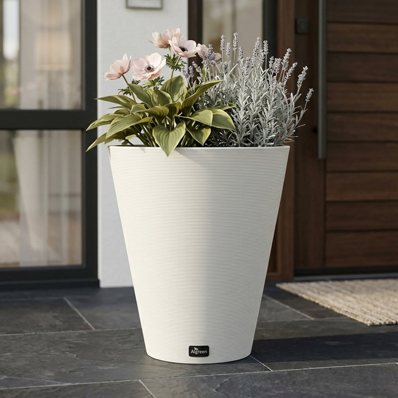 Cara Ribbed Round Taper Composite Planter, White