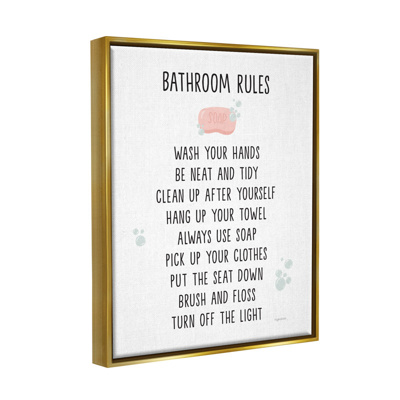 «Bathroom Rules List Soap Bubbles» par Kyra Brown, impression, H 31 po x l 25 po x P 1,7 po, Cadre flottant métallique doré