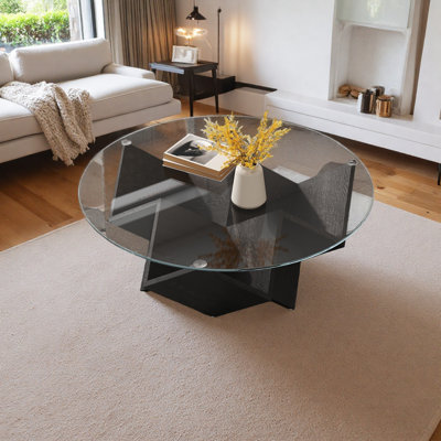 Table basse ronde avec plateau en verre et tablettes de rangement à motif géométrique abstrait Art Deco