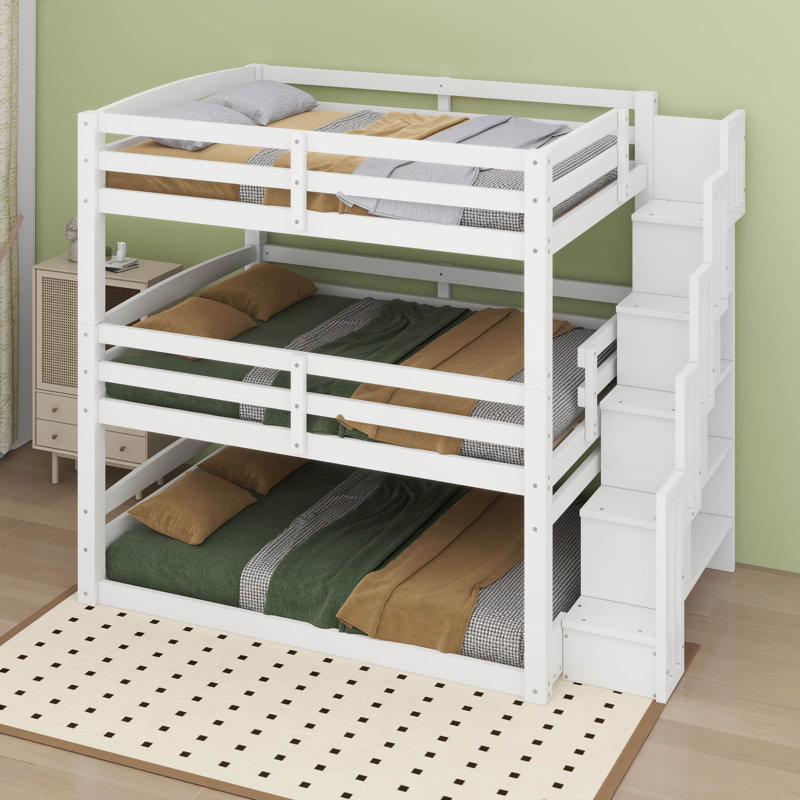 Lit superposé triple double avec escalier de rangement, Blanc
