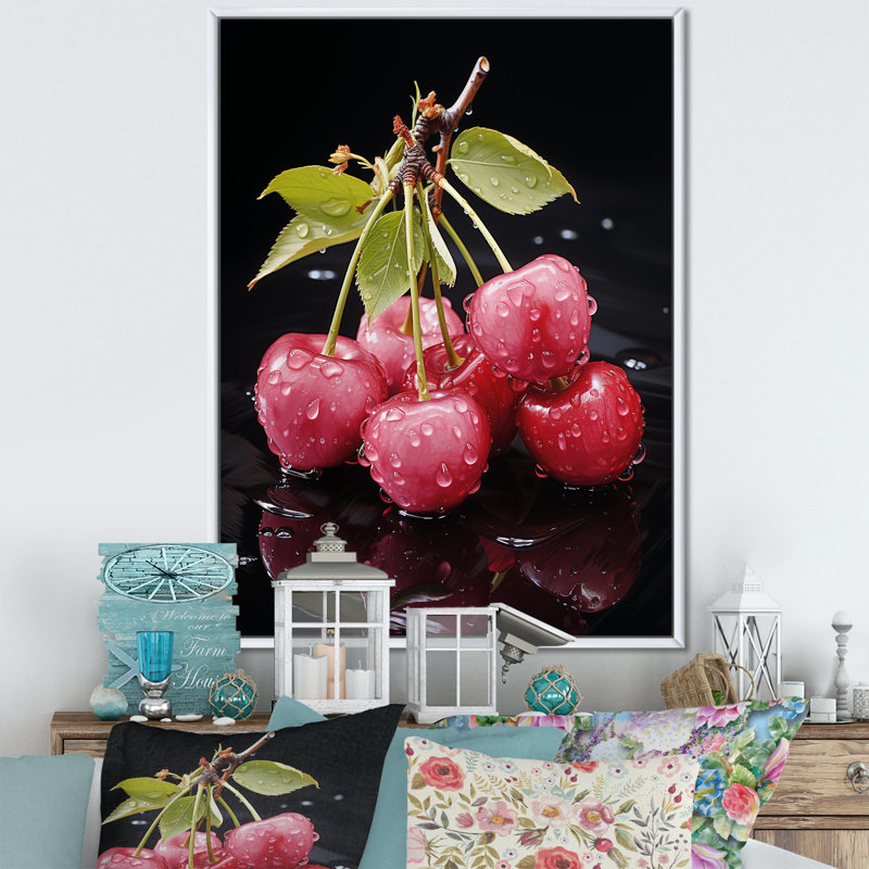 Red Cherry Delight 4 - art mural cerise, Cadre flottant blanc, H 40 po x l 30 po x P 1,5 po
